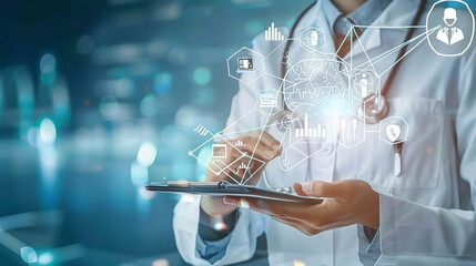 Healthcare Professional Analyzing Data on a Tablet While Standing in a Modern Hospital Environment Using Advanced Digital Technology for Patient Care Improvement