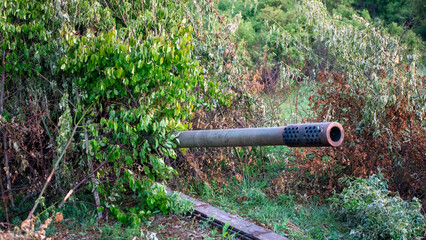 A large military barrel protrudes from dense foliage, camouflaged in the forest, suggesting a hidden artillery or defense setup amid the greenery