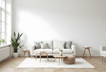 Modern Scandinavian and minimalist living room interior. White empty room. Scandinavian interior design. Home Nordic interior.