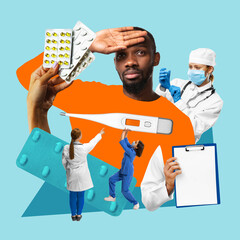 Man experiencing flu symptoms, surrounded by medical professionals offering treatment. Contemporary art collage. Concept of medicine, health care, medical treatment, vaccination