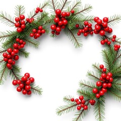 Festive christmas frame coniferous branches are decorated with artificial red berries and cones frame isolated on white background space for text top view overlay background frame christmas isolated