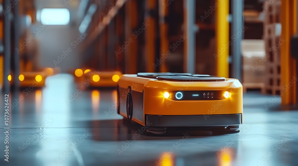 Poster advanced robotic system efficiently moving and handling goods in a highly automated futuristic wareh