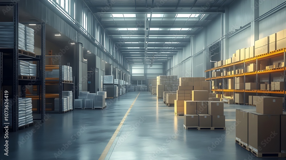 Poster organized and well lit modern warehouse interior featuring rows of neatly stacked cardboard boxes sh