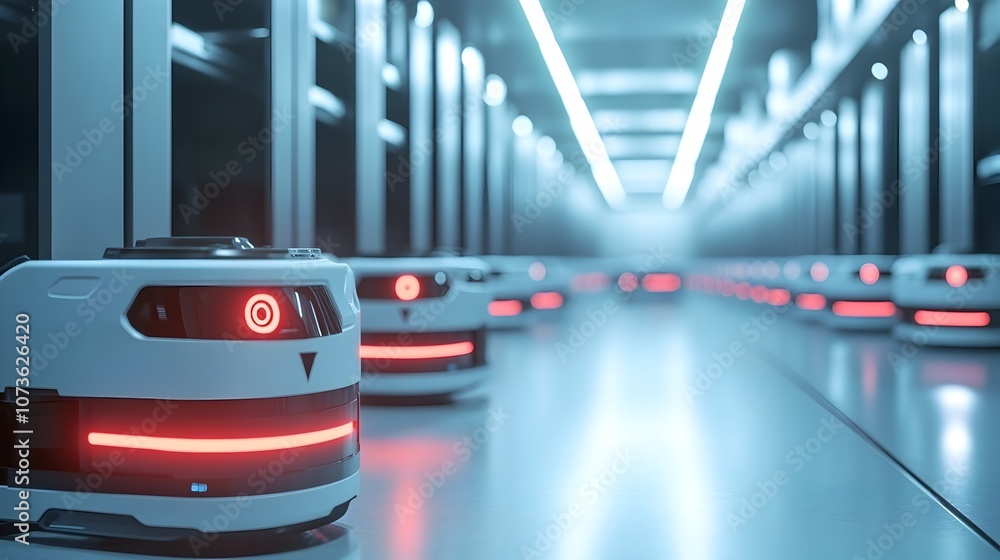 Poster automated warehouse robots smoothly moving and transporting goods through a futuristic high tech log