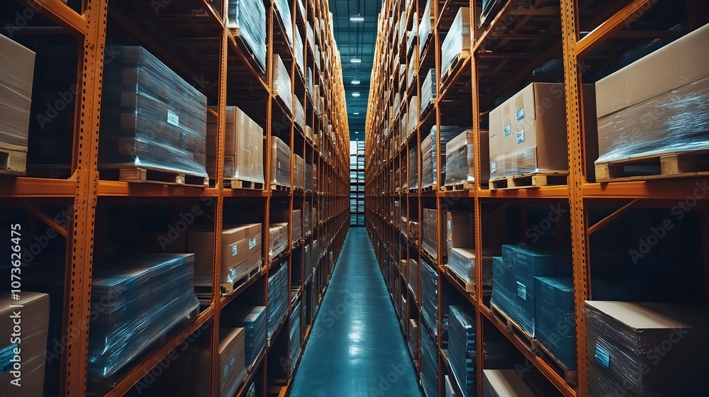 Poster a wide angle view of a vast and systematically organized warehouse interior with endless rows of she