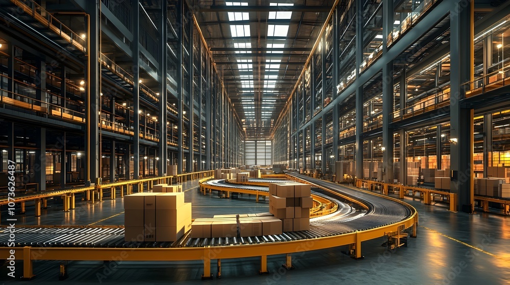 Poster interior view of a large modern distribution warehouse facility featuring an automated conveyor belt