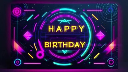 Vibrant neon happy birthday sign glowing against a dark backdrop, surrounded by colorful geometric shapes and light streaks, creating a festive and futuristic atmosphere. - Powered by Adobe