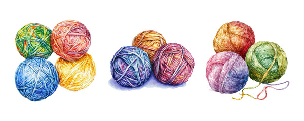 Set of balls of knitting thread watercolor png. Watercolor balls of cotton knitting thread on transparent background. Vector illustration.