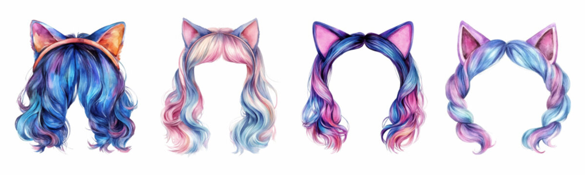 Set of women's wigs with colorful hair and a hoop in the form of cat ears. Colorful wig decorated with cat ears. Cat woman. Vector illustration.