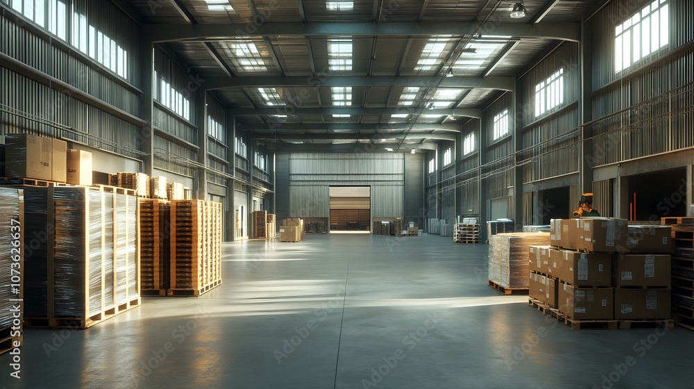 Poster organized and efficient modern warehouse interior with neatly stacked pallets and clean design layou