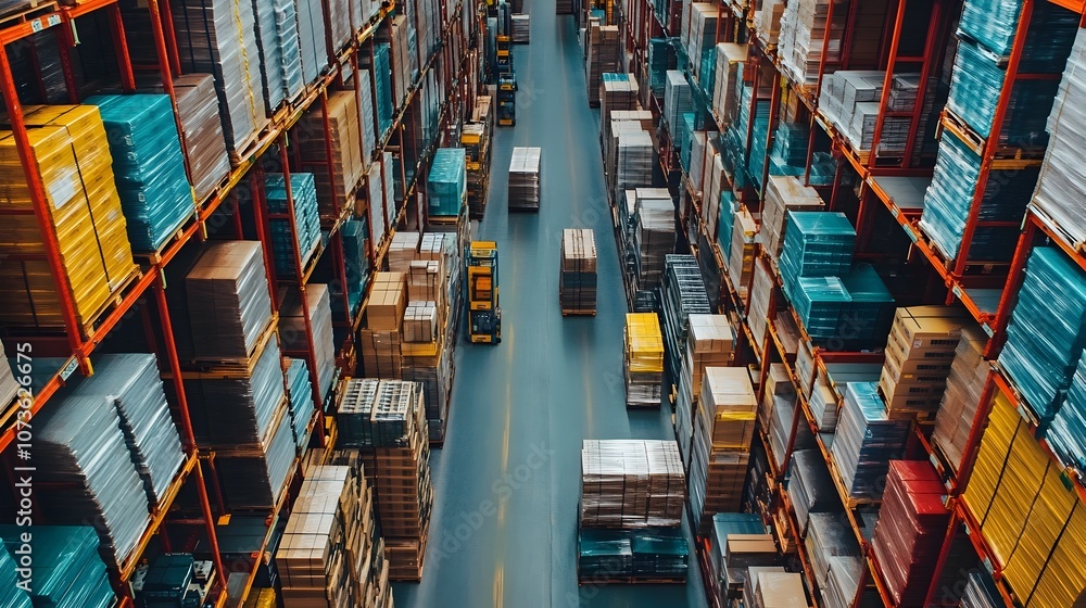 Poster aerial overhead panoramic view of a vast and expansive distribution center warehouse showing rows of