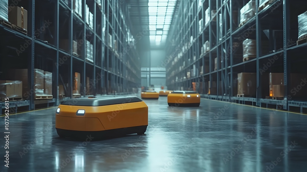 Poster automated warehouse robots efficiently moving and transporting goods packages and inventory in a fut