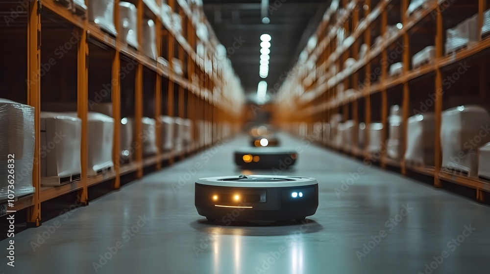 Poster automated warehouse robots moving goods in futuristic logistics facility smooth and efficient workfl