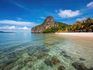 Fototapeta premium Explore the serene beauty of tropical beaches surrounded by lush green mountains