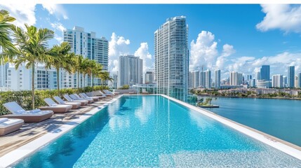 Rooftop infinity pool with city skyline and palm trees.