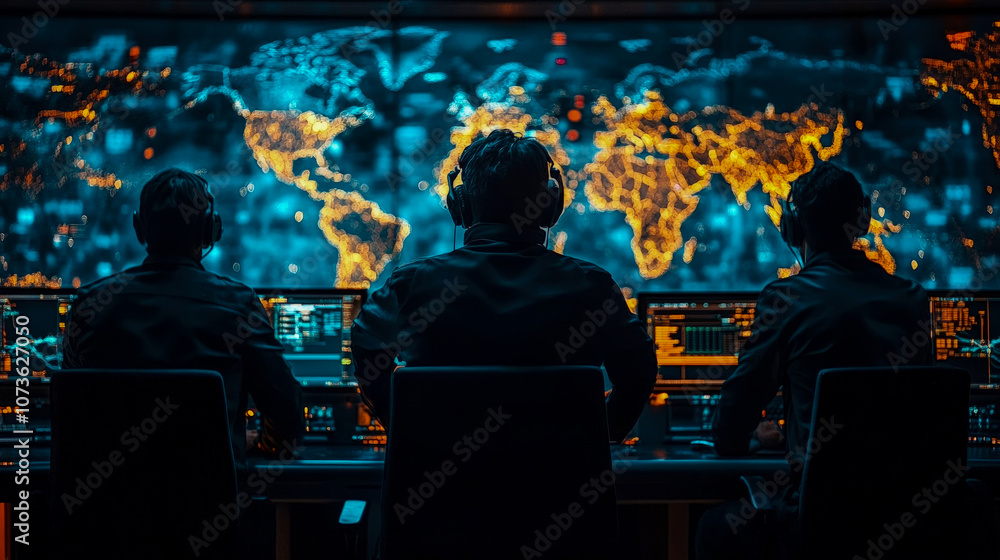 Poster analysts track and analyze global data trends in a sophisticated control room illuminated by vibrant