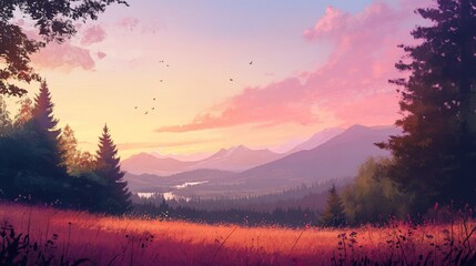A breathtaking sunset over a valley, with distant mountains and a river winding through the forest.