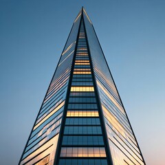 Artificial light illuminating a modern skyscraper, dramatic reflections, high-contrast urban setting