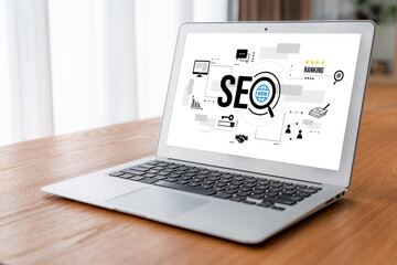 SEO search engine optimization for modish e-commerce and online retail business showing on computer...