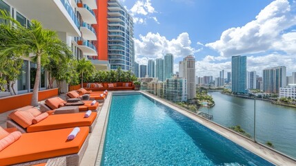 Obraz premium Rooftop pool with lounge chairs overlooking city skyline.