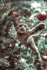 Obraz premium A cute curious cat with playing with Christmas ornaments. The cat's eyes reflect the twinkling lights, whimsical holiday atmosphere. 