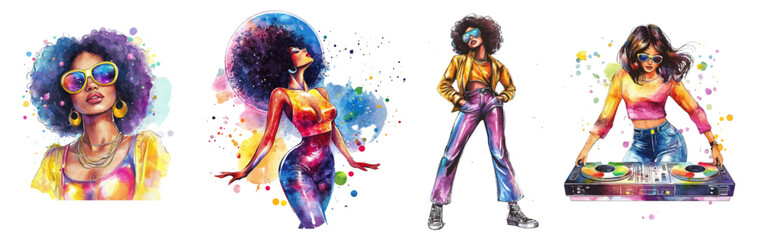 Obraz premium Watercolor set of disco girls png. Retro disco girls, DJ. Watercolor disco party concept. Elements for disco posters, invitations, etc. Vector illustration.