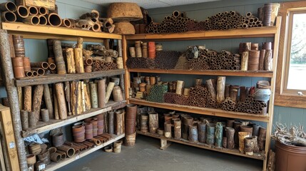 A collection of various sizes and types of wood, bamboo and other natural materials are stored on shelves in a room.