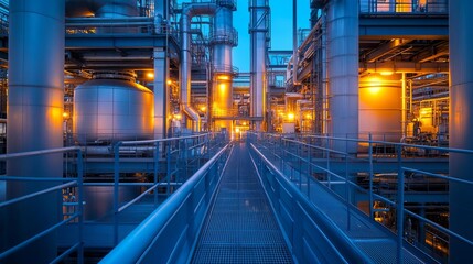 Fototapeta premium Dramatic industrial scene with machinery illuminated by harsh artificial light, metallic textures, intense mood