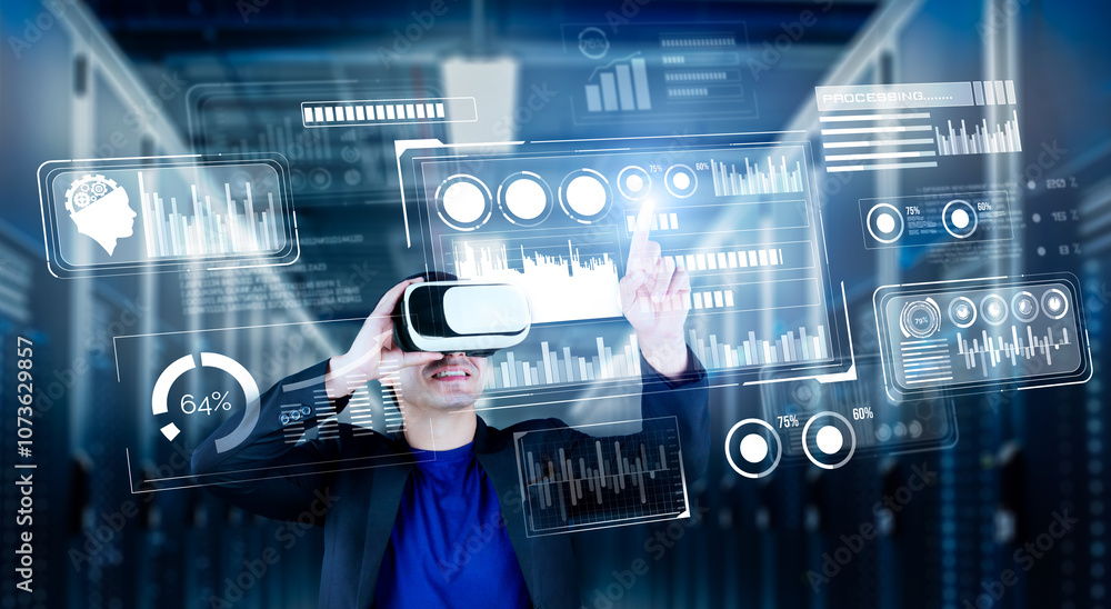Poster businessman with headset standing at data center while analyzing financial data. manager pointing ma
