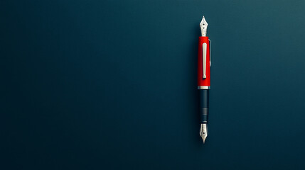 A red and silver fountain pen rests on a deep blue background.