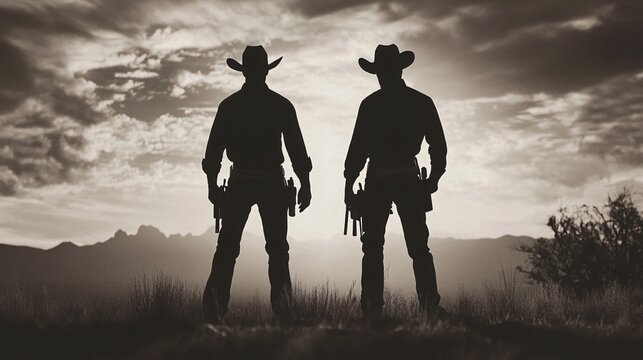 A cowboy duo standing back-to-back in a classic standoff pose