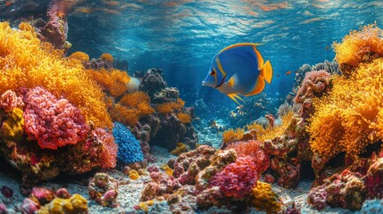 A vibrant blue angelfish swims amongst colorful coral reefs in the clear, blue ocean water.