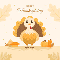 Thanksgiving Celebration Card with Cute Turkey Cartoon and Autumn Leaves, Pumpkins, Cupcakes