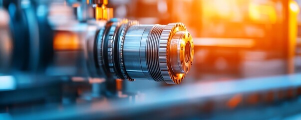 Obraz premium Industrial machinery illuminated by harsh artificial light, metallic details, high-contrast scene