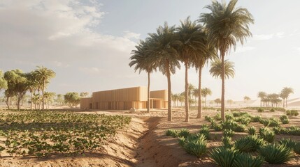 Obraz premium Futuristic Solar-Powered Farming: Advanced Irrigation Systems in Vast Desert Landscape