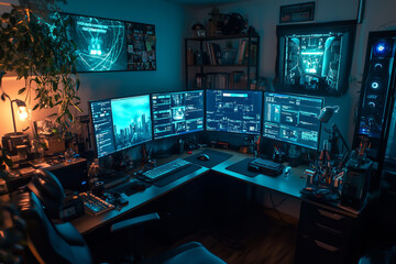 Fototapeta premium A stylish home office featuring multiple screens and a warm, inviting atmosphere