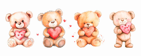 Set of cute watercolor teddy bears holding hearts. A symbol of confession of love, St. Valentine's Day, etc. Watercolor romantic elements.