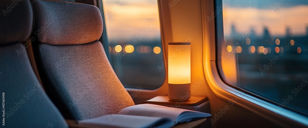 Poster a book lies open on a table next to a lamp in an empty train seat, with a view of the city skyline a