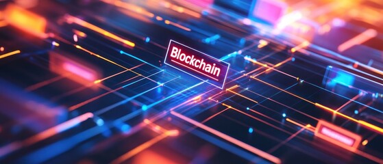 Digital representation of blockchain technology with vibrant lines and labels.