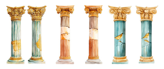 Ancient ruins watercolor png. Ancient antique architecture, building columns with elements of gold. Watercolor ancient greek and ancient roman architecture elements 