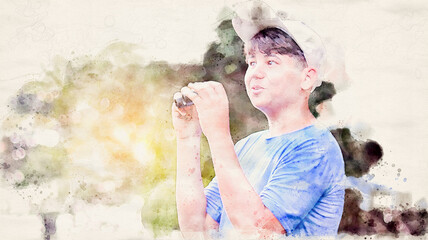 Asian boy using a binocular to do bird watching in the local park to explore birds behaviors nearby his city.