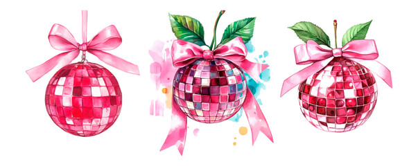 A set of watercolor disco balls in the form of cherries png. Watercolor pink disco balls with cherry branch on transparent background. Vintage retro elements for collages.