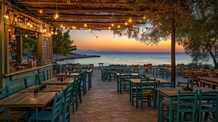 A seaside restaurant with a view of the ocean and sunset, with wooden tables and chairs, and a bar with a wooden counter and stools.
