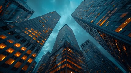 Modern Skyscrapers with Glass Facades, Viewed from Below, Featuring Sunlight Rays Conveying Growth, Luxury Real Estate, Business Transformation, and Technological Innovation Against a Clear Blue Sky.