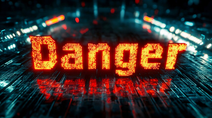 The word 'Danger' is displayed in glowing red pixels on a futuristic, dark background.