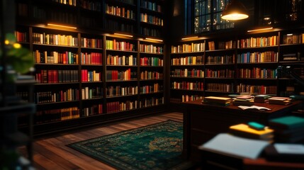 Cozy library interior with vintage books and warm lighting, inviting reading atmosphere.