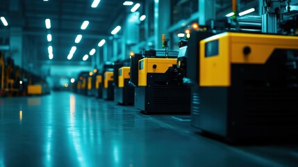 Obraz premium Industrial machinery lined up in a modern workshop, showcasing technology and efficiency.