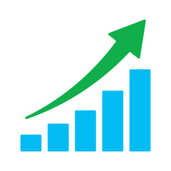 Upward stepping green arrow. Growth Bar blue stairs step to growth success vector illustration on white. Progress way and forward achievement creative concept. Bar graph of blue bars. 