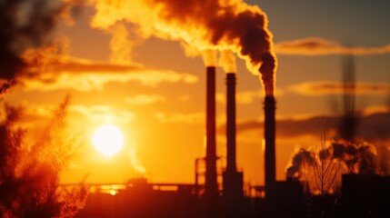 Industrial smokestacks emit smoke during a vibrant sunset, highlighting environmental issues.