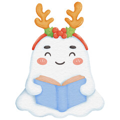 Adorable Christmas ghost reading a book, an enchanting seasonal artwork perfect for cozy winter storytelling